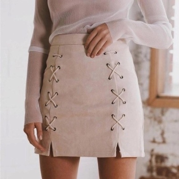fairlygirly Dresses & Skirts - High Waist Faux Suede Lace Up Mini Skirt Blush